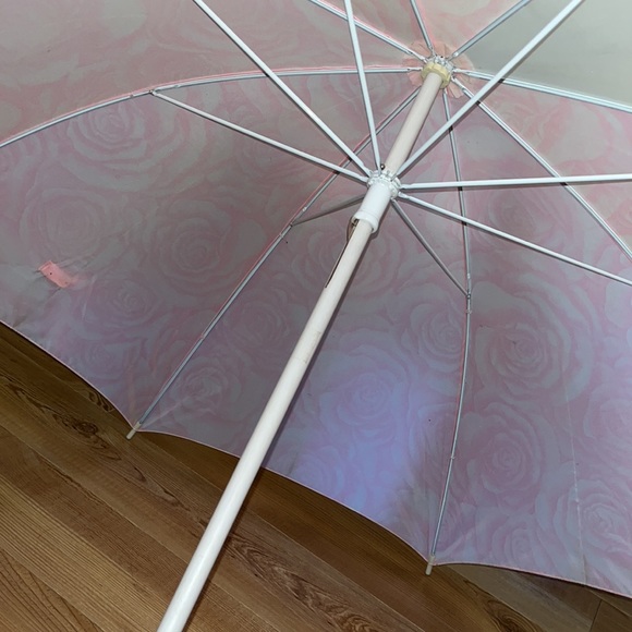 Vintage Large Estee Lauder Umbrella HAS TAGS Pastel Rose Print Hook Handle Rare - Picture 5 of 8